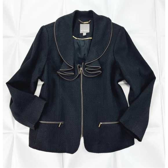 Spanner Sz 16 Black Ruffled Collar Full Zip Up Jacket Light Coat Womens RARE - Picture 1 of 9